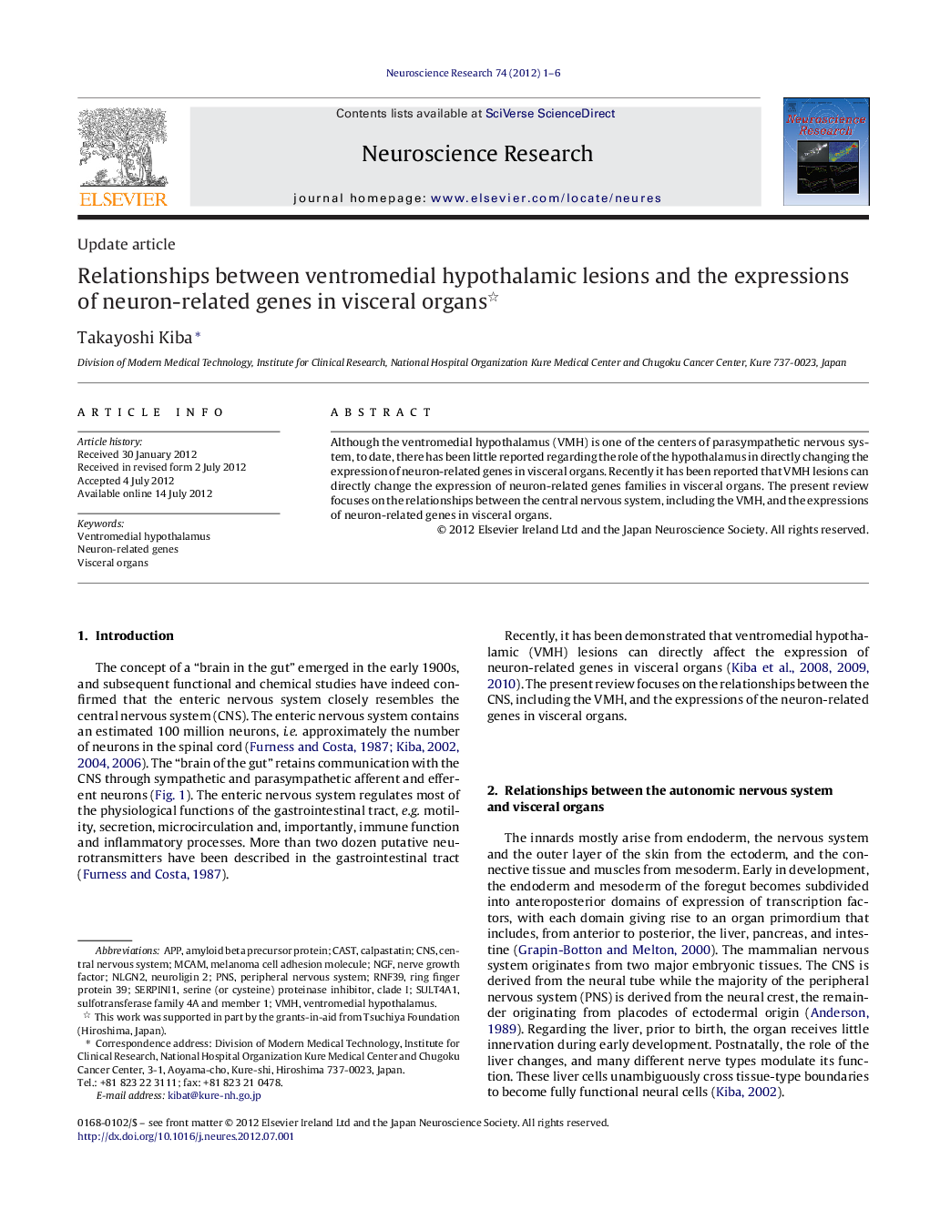 Relationships between ventromedial hypothalamic lesions and the expressions of neuron-related genes in visceral organs 