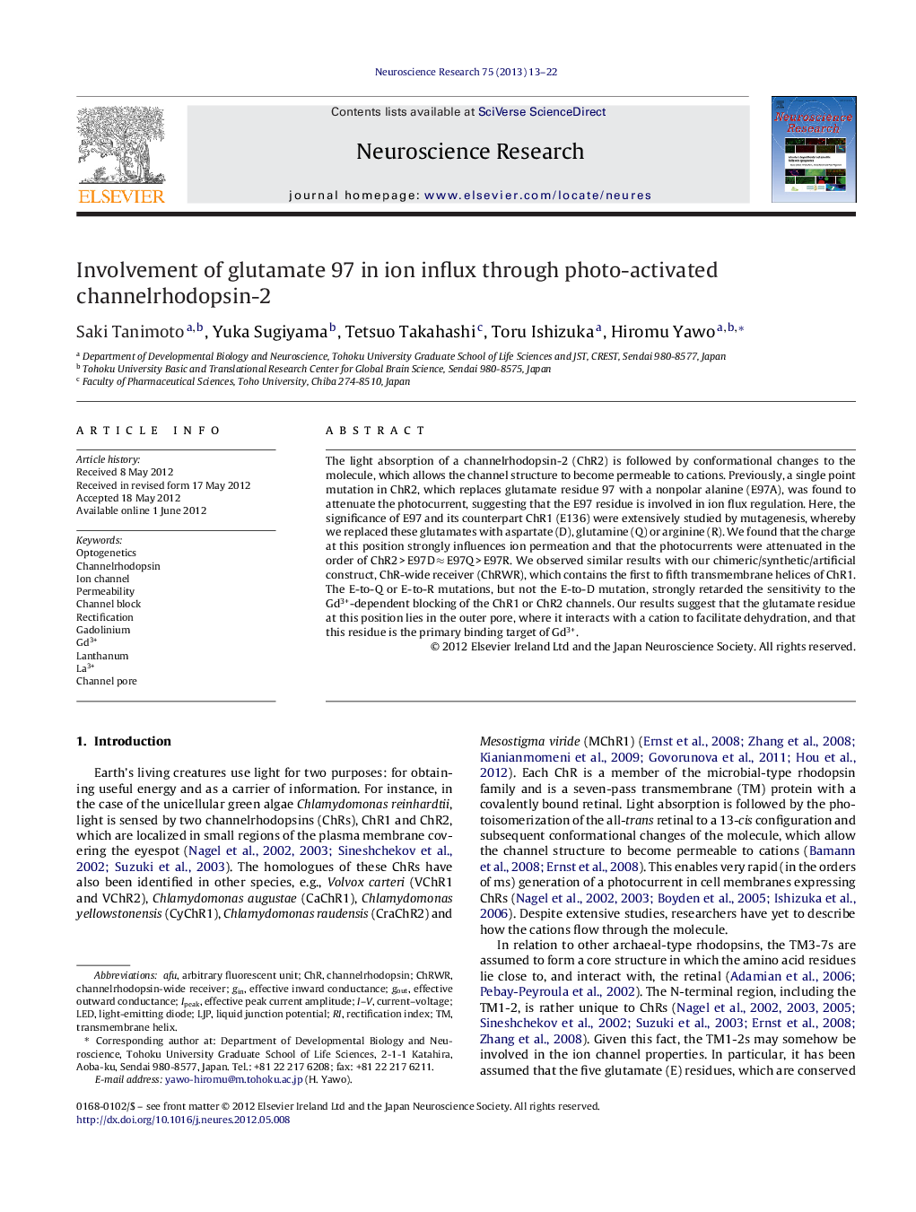 Involvement of glutamate 97 in ion influx through photo-activated channelrhodopsin-2