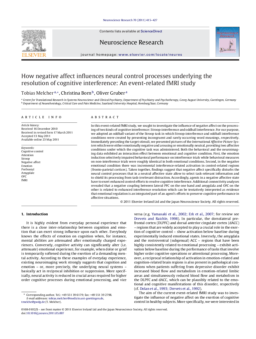 How negative affect influences neural control processes underlying the resolution of cognitive interference: An event-related fMRI study