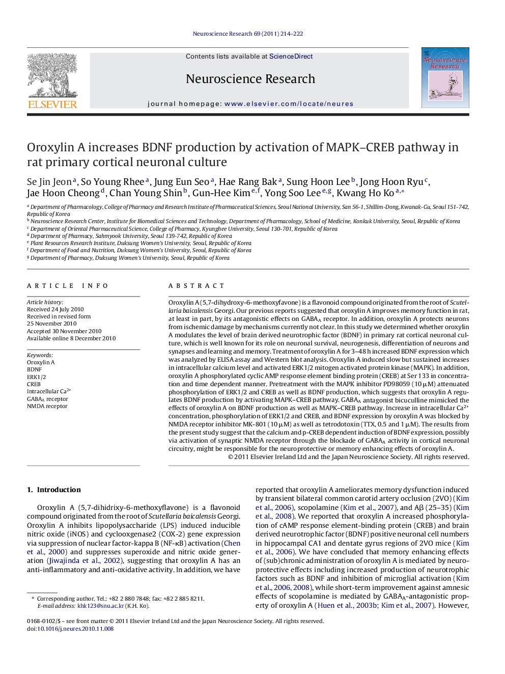 Oroxylin A increases BDNF production by activation of MAPK-CREB pathway in rat primary cortical neuronal culture