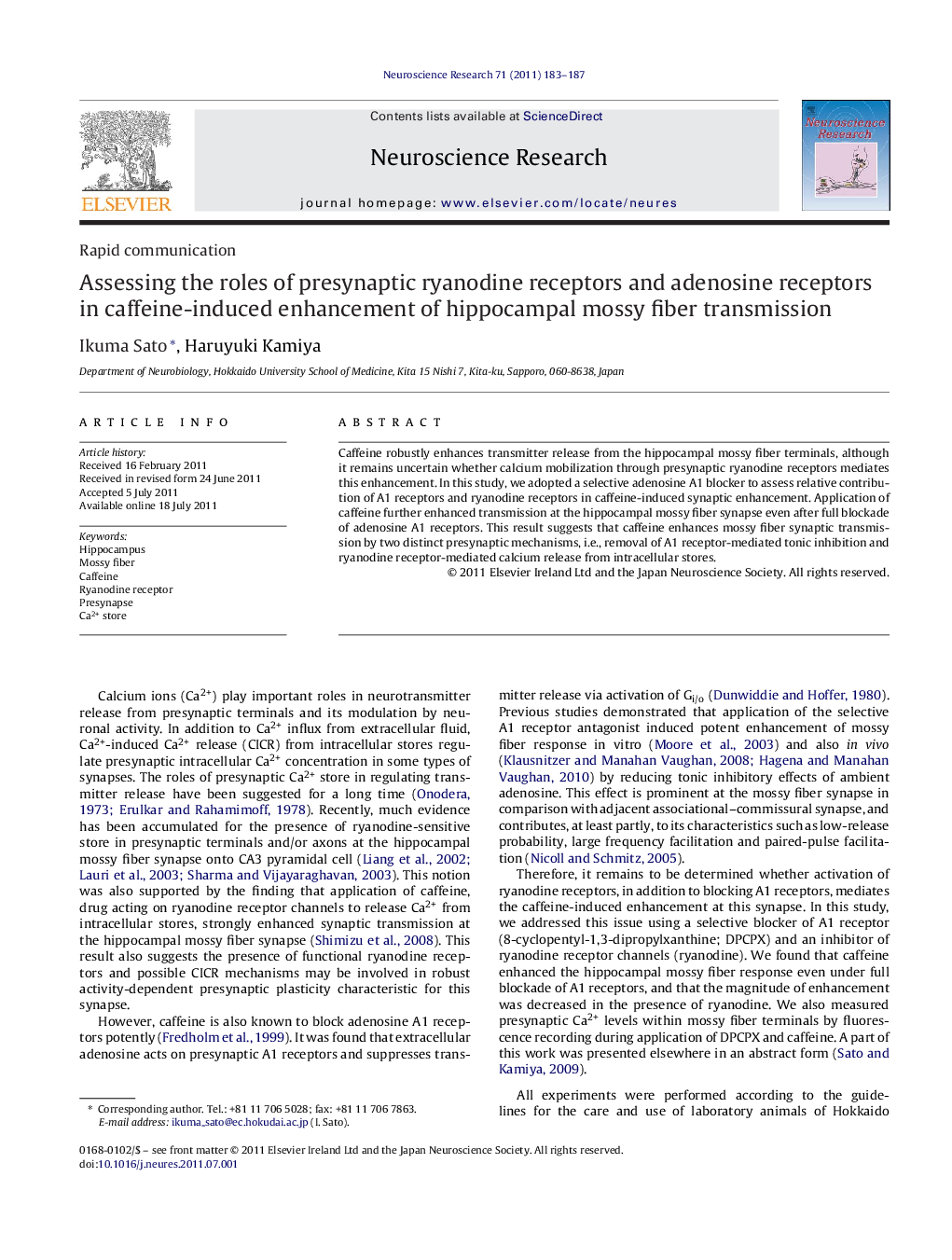 Assessing the roles of presynaptic ryanodine receptors and adenosine receptors in caffeine-induced enhancement of hippocampal mossy fiber transmission