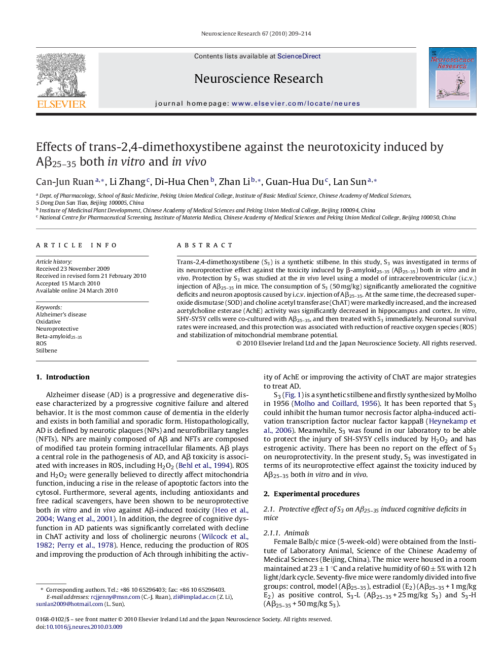 Effects of trans-2,4-dimethoxystibene against the neurotoxicity induced by Aβ25–35 both in vitro and in vivo