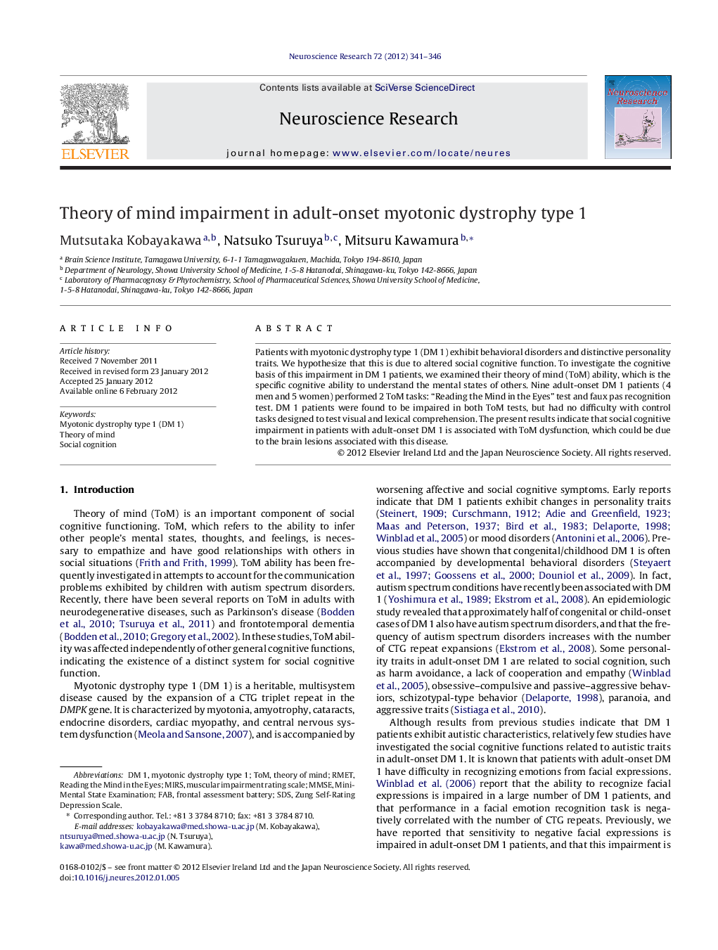 Theory of mind impairment in adult-onset myotonic dystrophy type 1