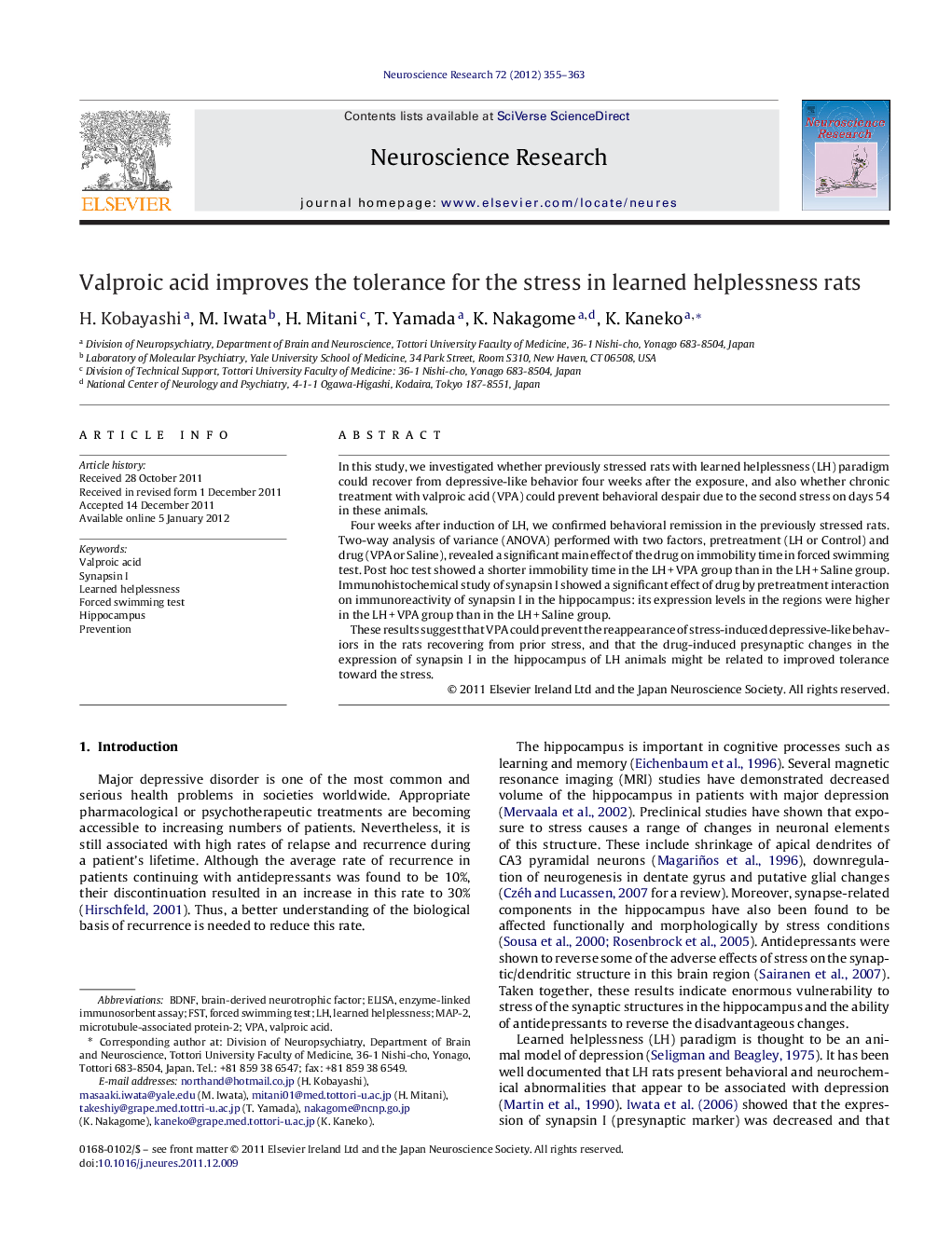 Valproic acid improves the tolerance for the stress in learned helplessness rats