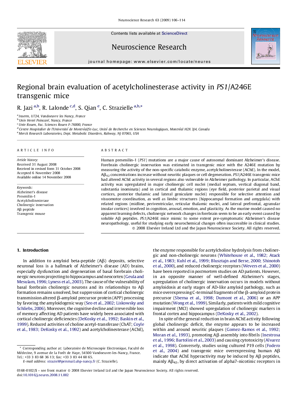 Regional brain evaluation of acetylcholinesterase activity in PS1/A246E transgenic mice