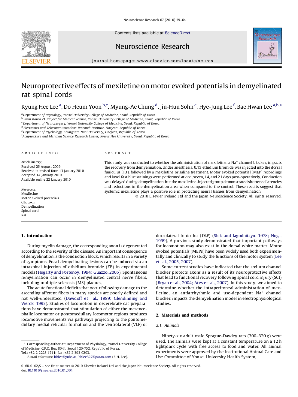 Neuroprotective effects of mexiletine on motor evoked potentials in demyelinated rat spinal cords