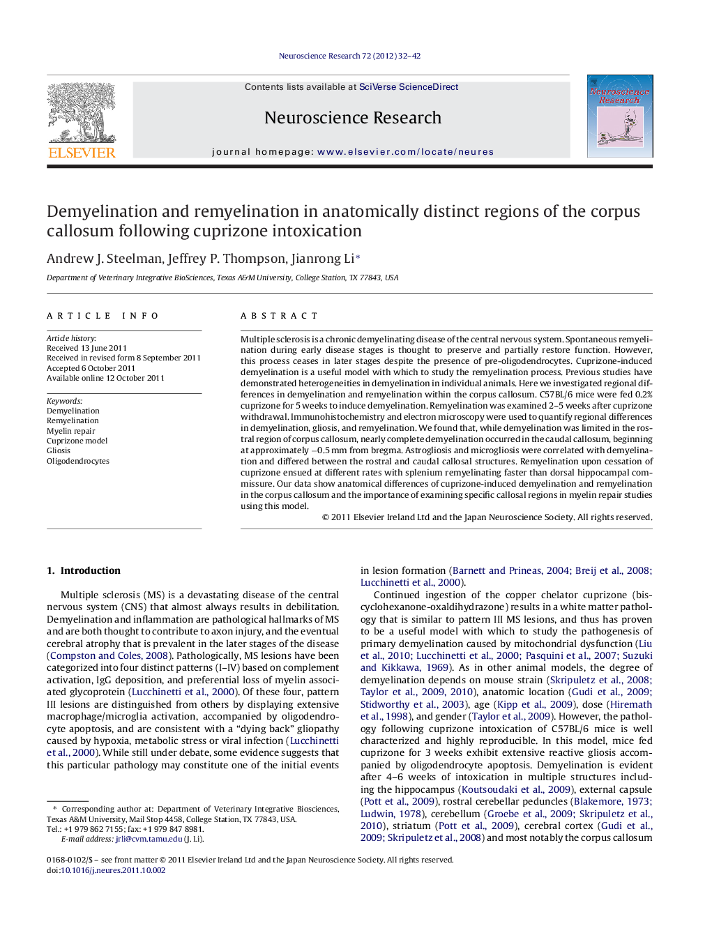 Demyelination and remyelination in anatomically distinct regions of the corpus callosum following cuprizone intoxication