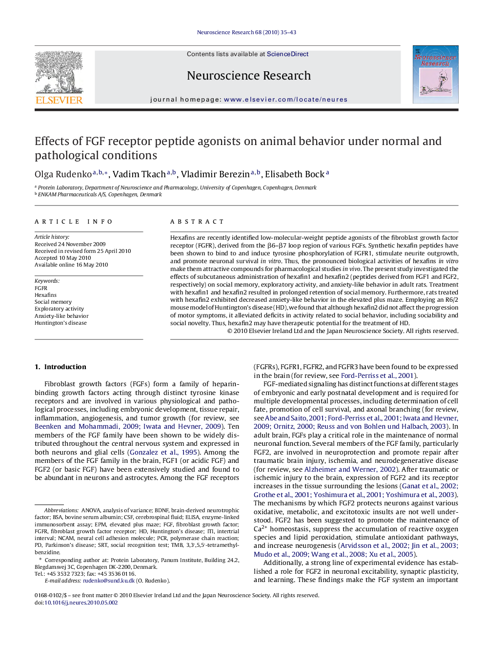 Effects of FGF receptor peptide agonists on animal behavior under normal and pathological conditions