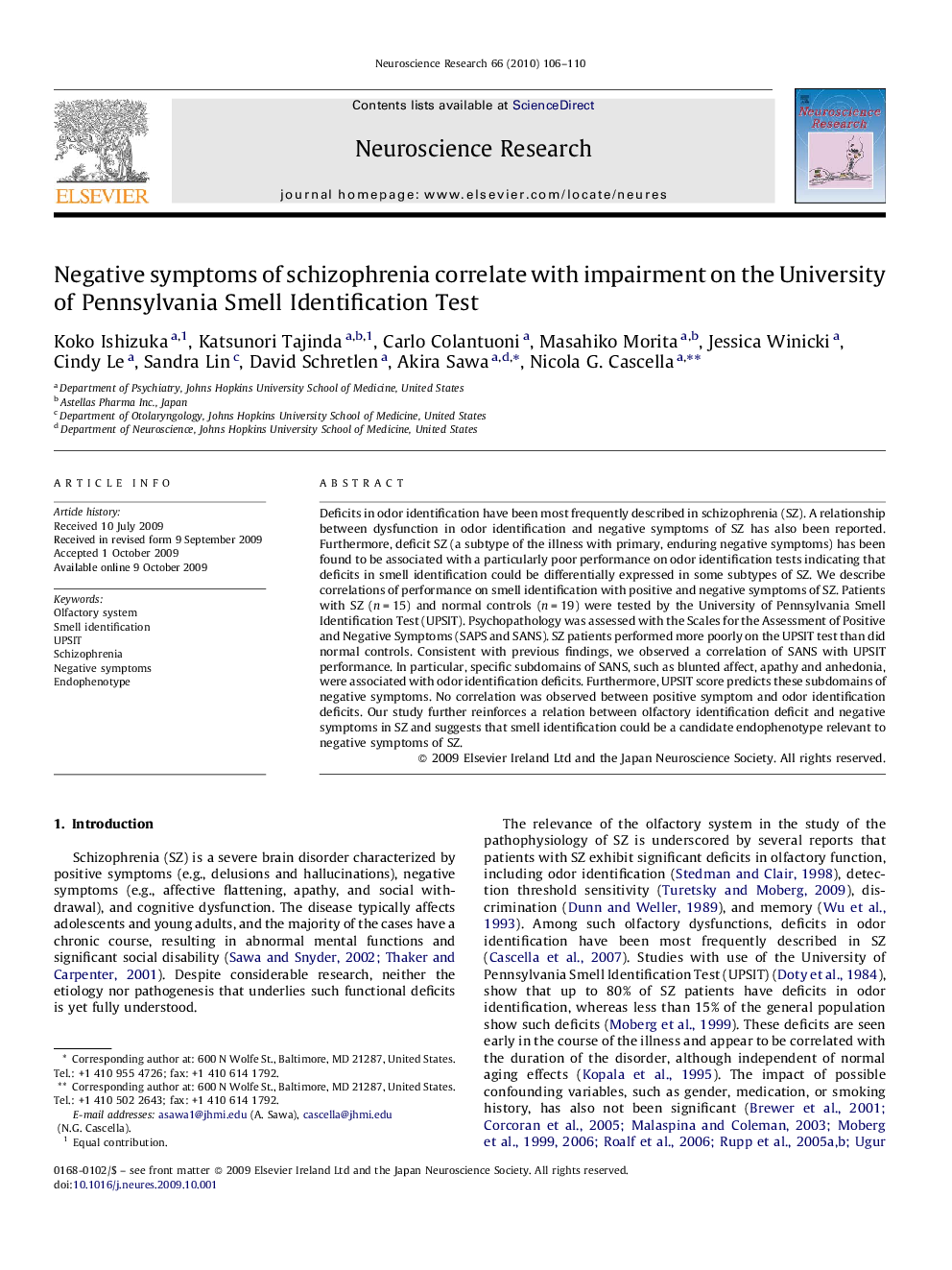 Negative symptoms of schizophrenia correlate with impairment on the University of Pennsylvania Smell Identification Test