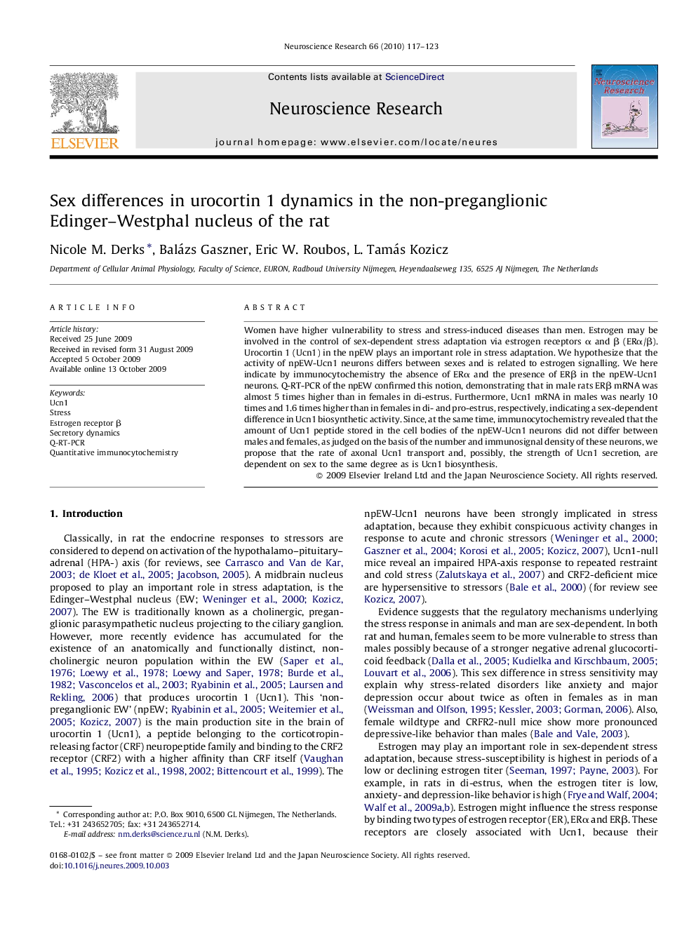 عکس صفحه اول مقاله: Sex differences in urocortin 1 dynamics in the non-preganglionic Edinger-Westphal nucleus of the rat Sex differences in urocortin 1 dynamics in the non-preganglionic Edinger-Westphal nucleus of the rat