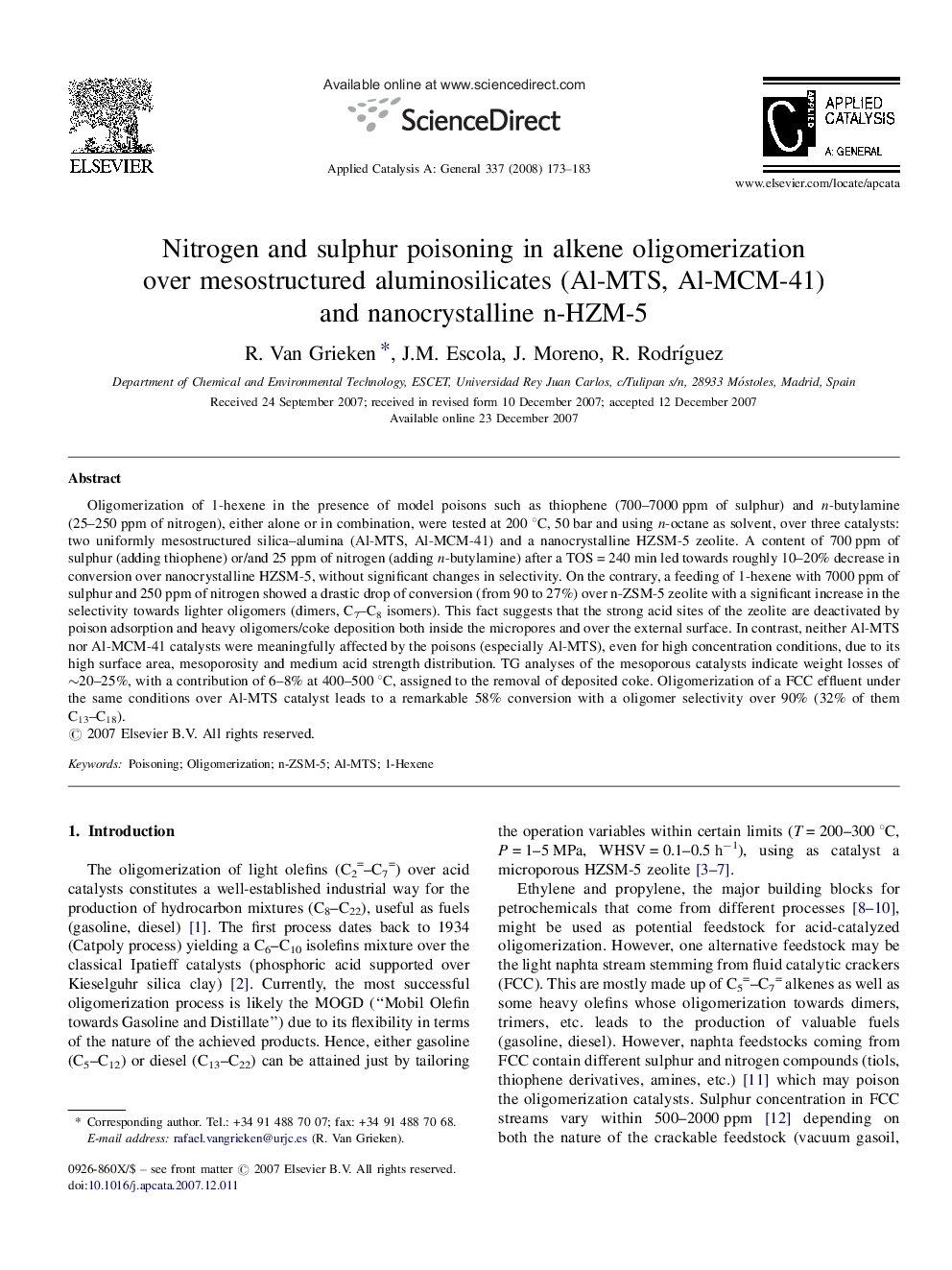 Nitrogen and sulphur poisoning in alkene oligomerization over mesostructured aluminosilicates (Al-MTS, Al-MCM-41) and nanocrystalline n-HZM-5