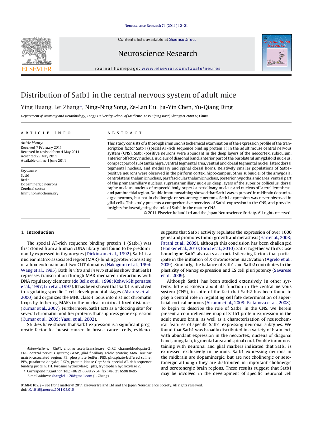 Distribution of Satb1 in the central nervous system of adult mice