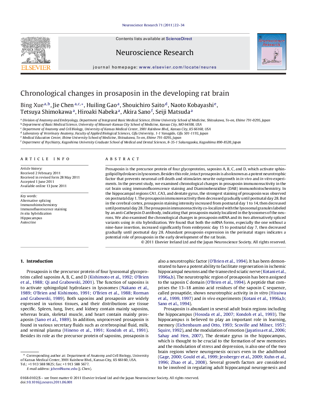 Chronological changes in prosaposin in the developing rat brain