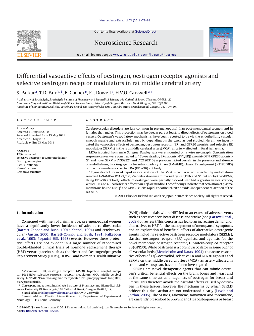 Differential vasoactive effects of oestrogen, oestrogen receptor agonists and selective oestrogen receptor modulators in rat middle cerebral artery