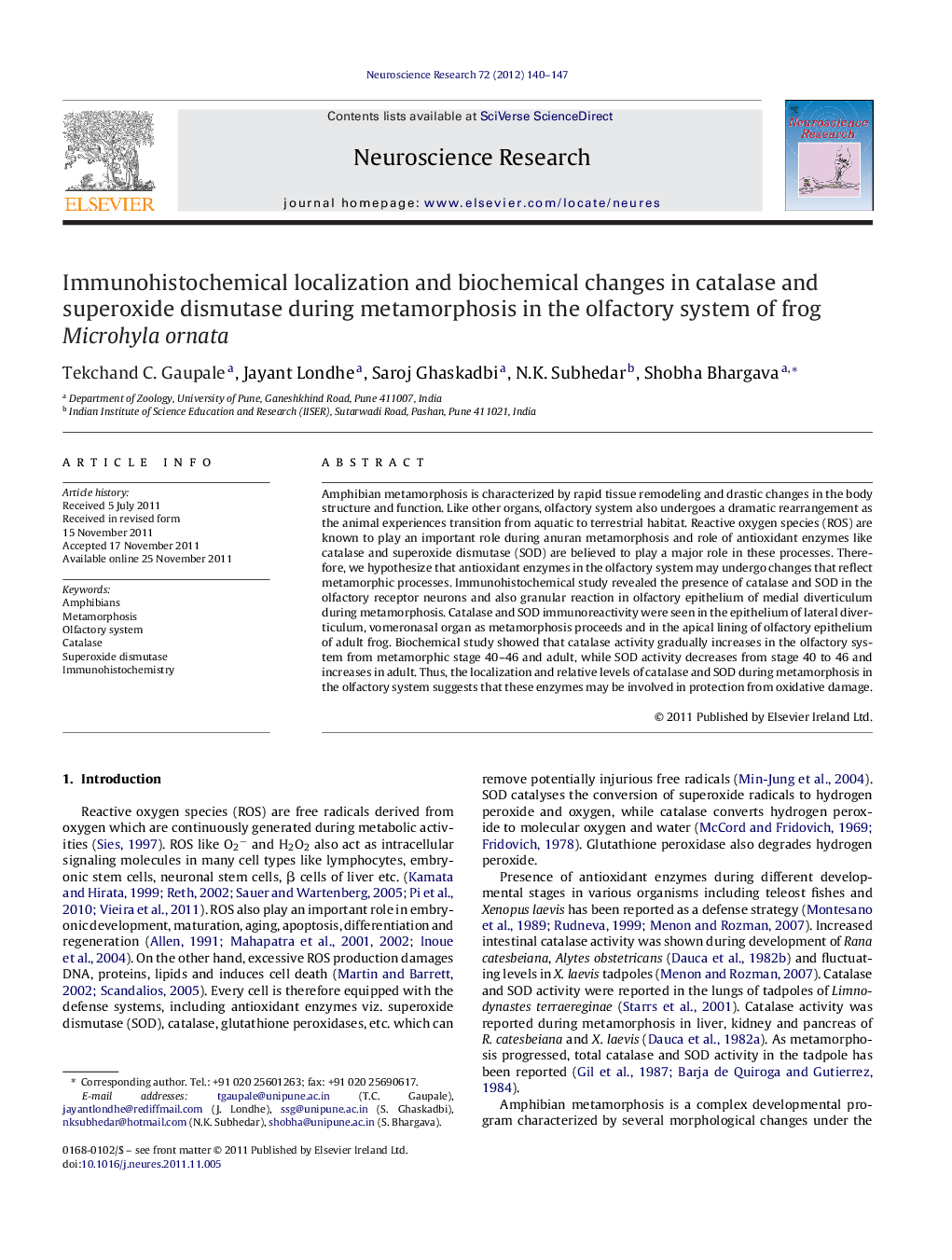 Immunohistochemical localization and biochemical changes in catalase and superoxide dismutase during metamorphosis in the olfactory system of frog Microhyla ornata