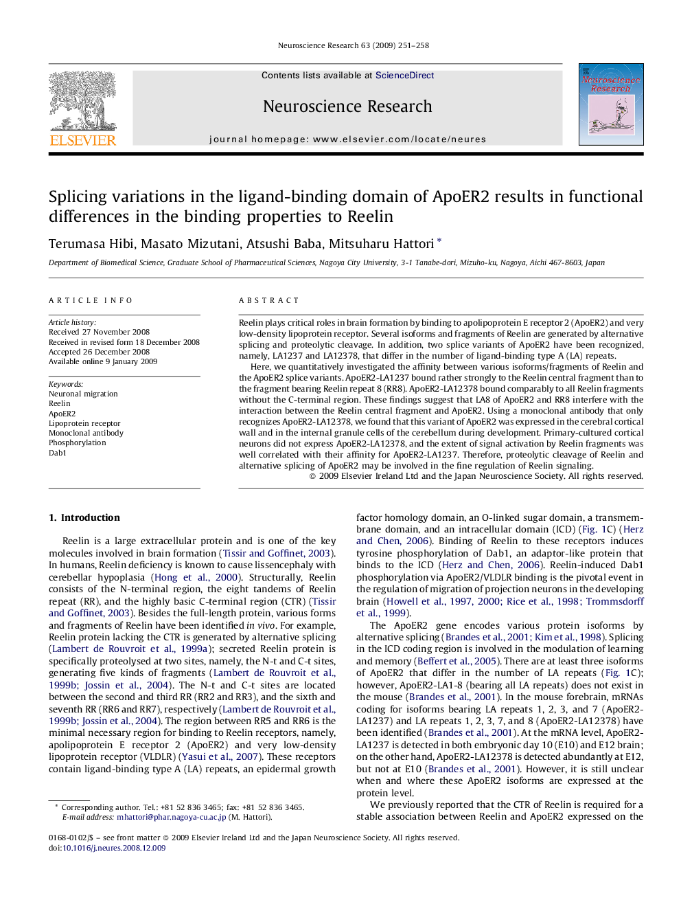 Splicing variations in the ligand-binding domain of ApoER2 results in functional differences in the binding properties to Reelin