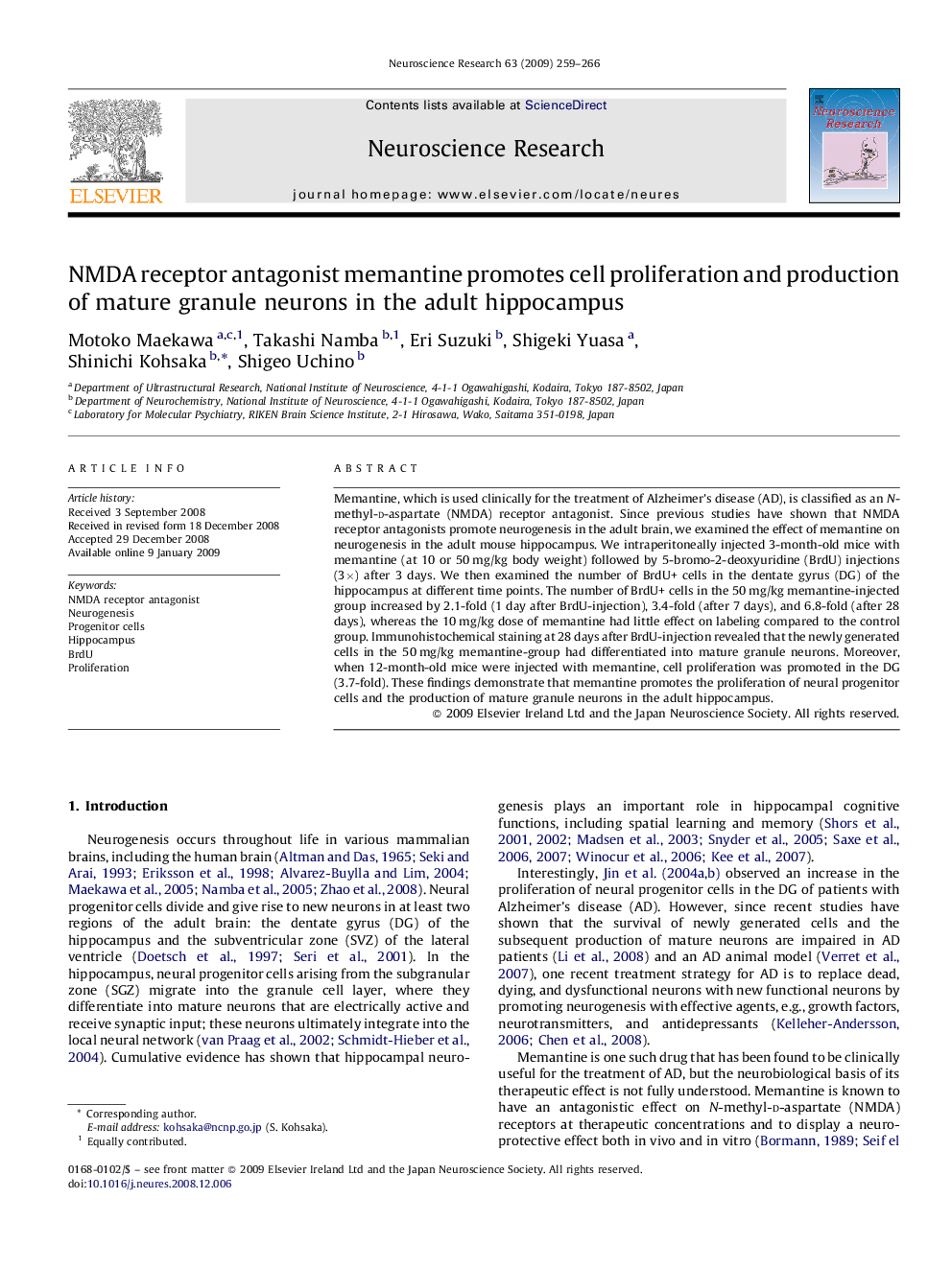 NMDA receptor antagonist memantine promotes cell proliferation and production of mature granule neurons in the adult hippocampus