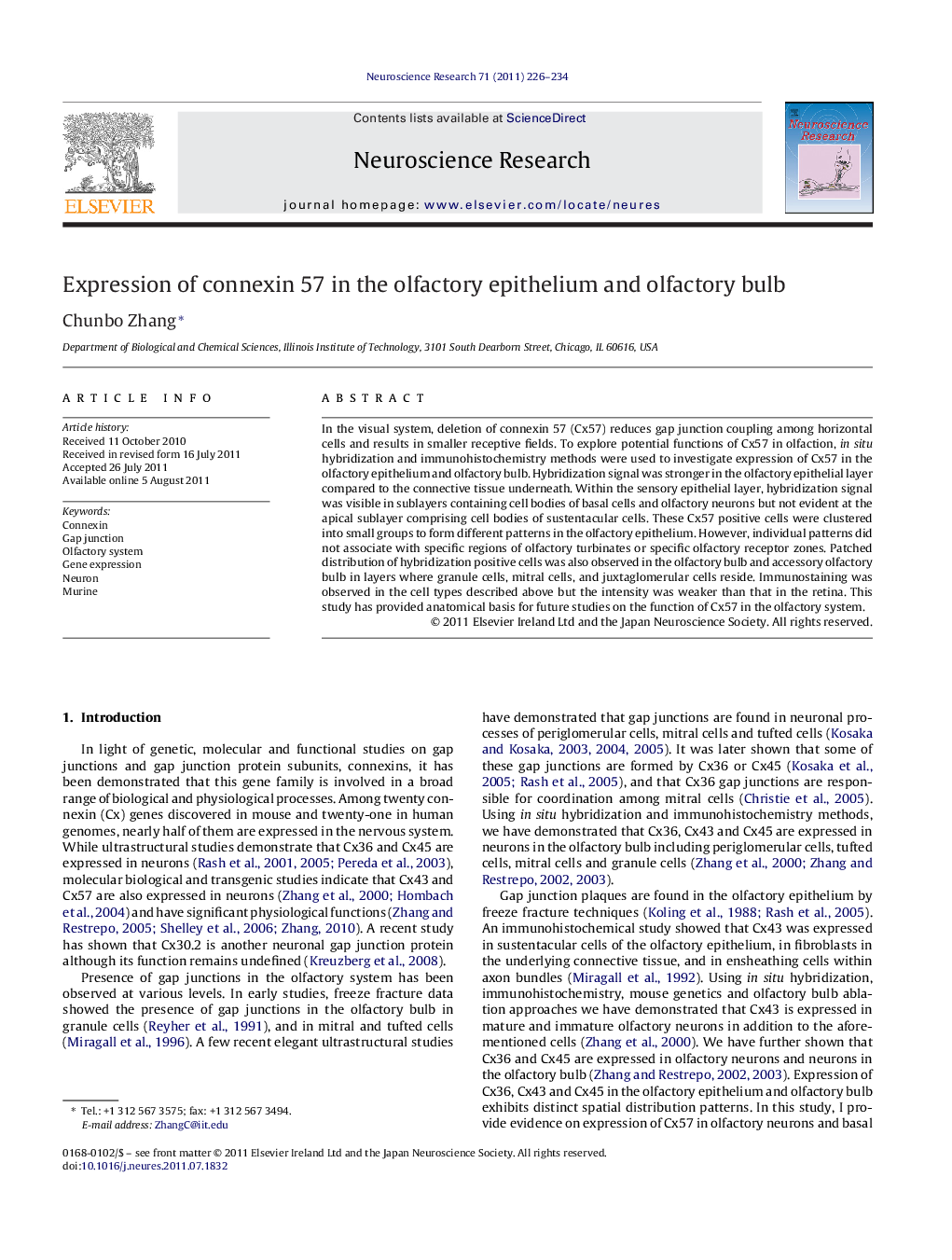 Expression of connexin 57 in the olfactory epithelium and olfactory bulb