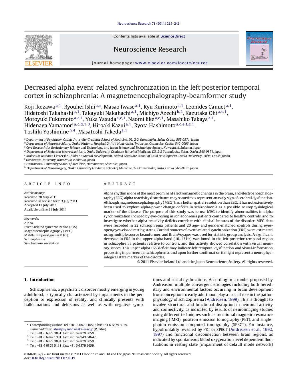 Decreased alpha event-related synchronization in the left posterior temporal cortex in schizophrenia: A magnetoencephalography-beamformer study