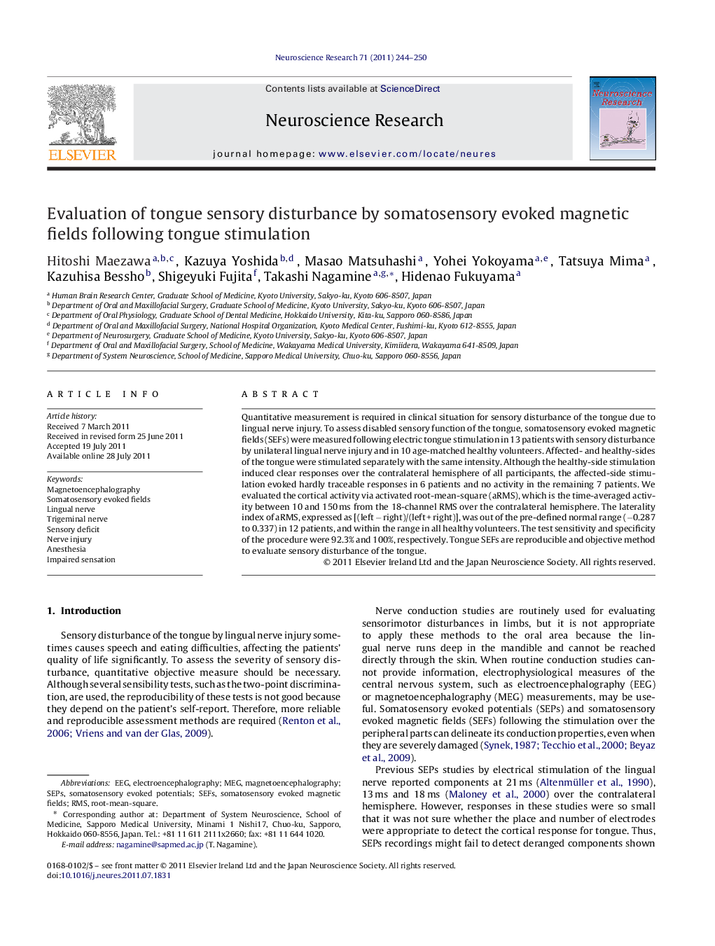 Evaluation of tongue sensory disturbance by somatosensory evoked magnetic fields following tongue stimulation