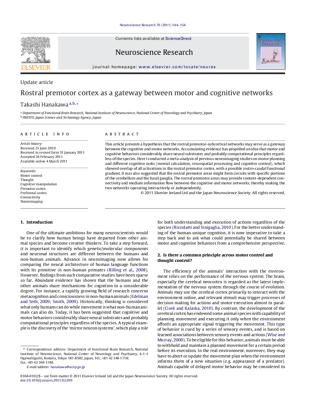 Rostral premotor cortex as a gateway between motor and cognitive networks