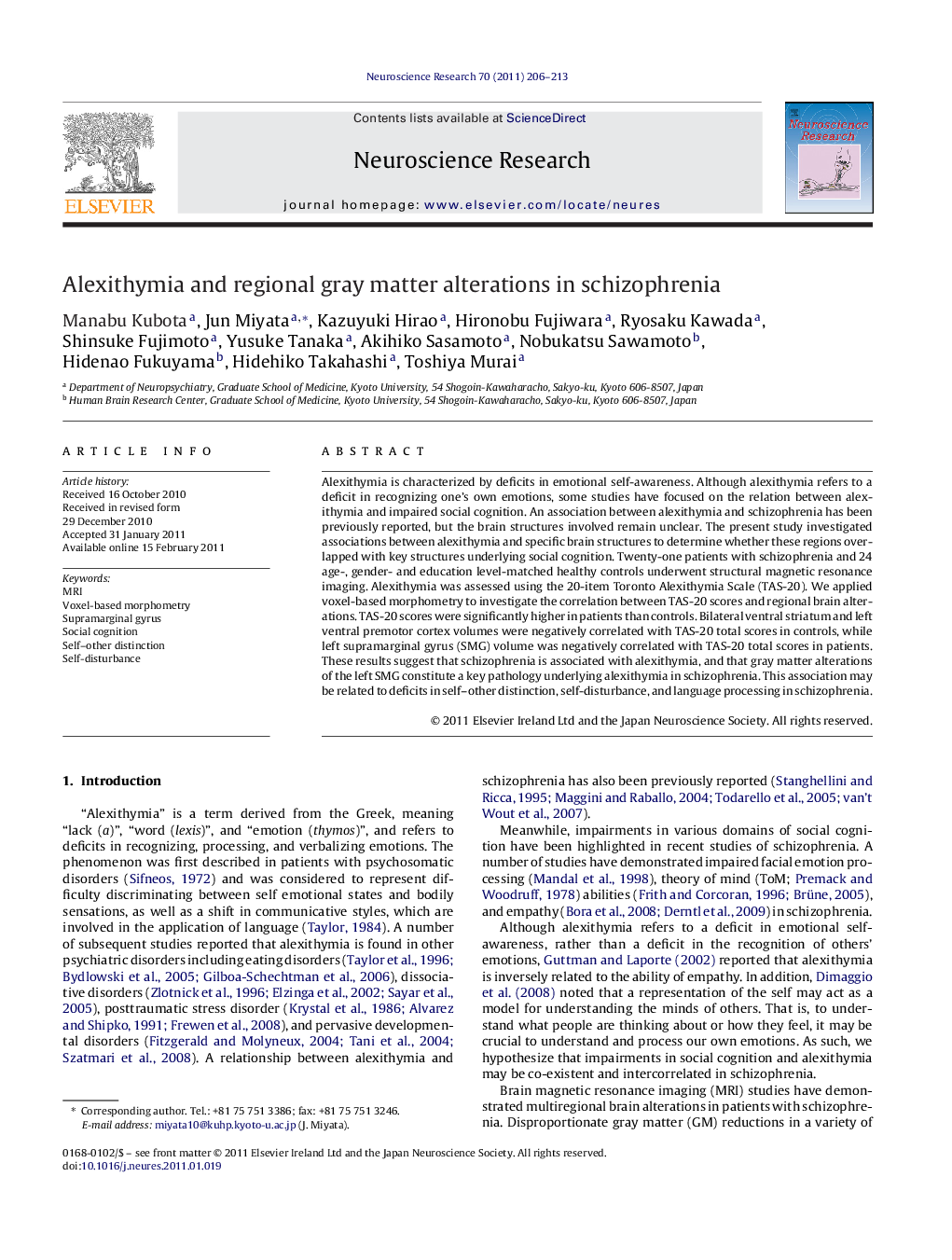 Alexithymia and regional gray matter alterations in schizophrenia