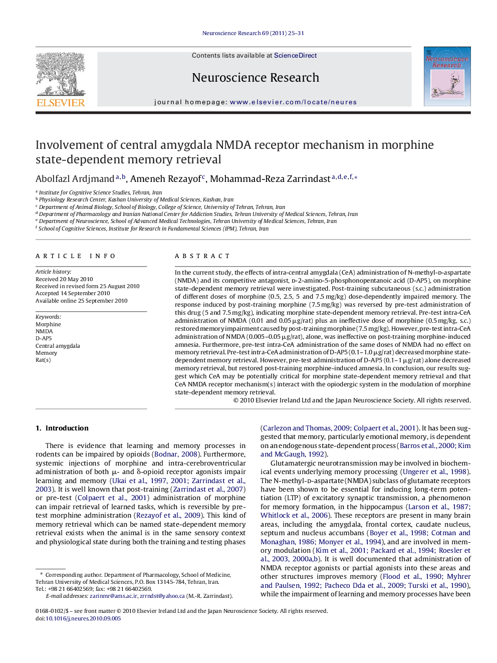 Involvement of central amygdala NMDA receptor mechanism in morphine state-dependent memory retrieval