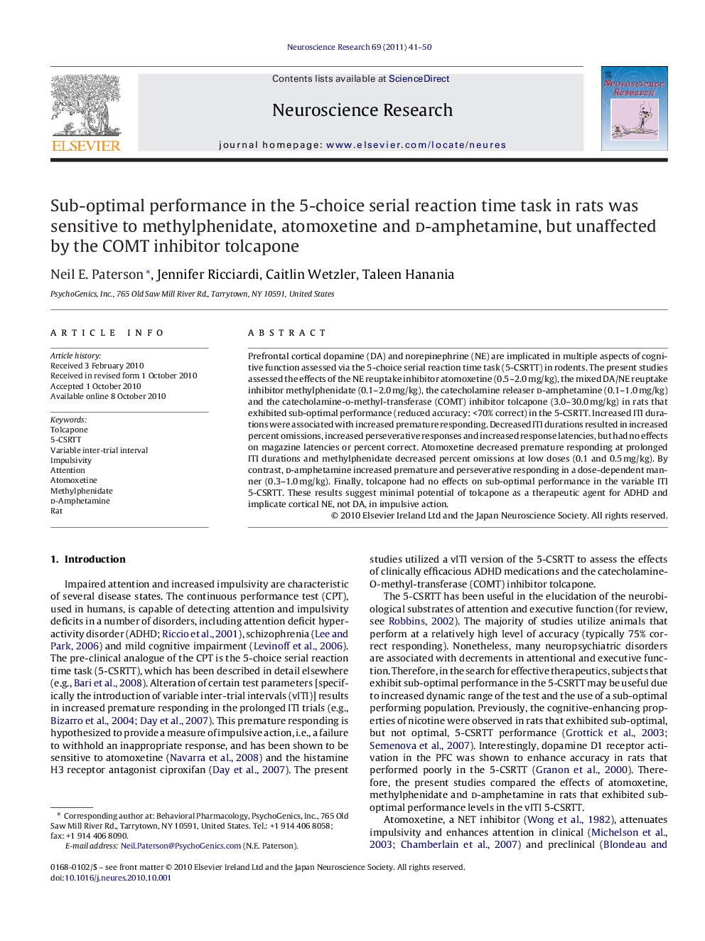 Sub-optimal performance in the 5-choice serial reaction time task in rats was sensitive to methylphenidate, atomoxetine and d-amphetamine, but unaffected by the COMT inhibitor tolcapone