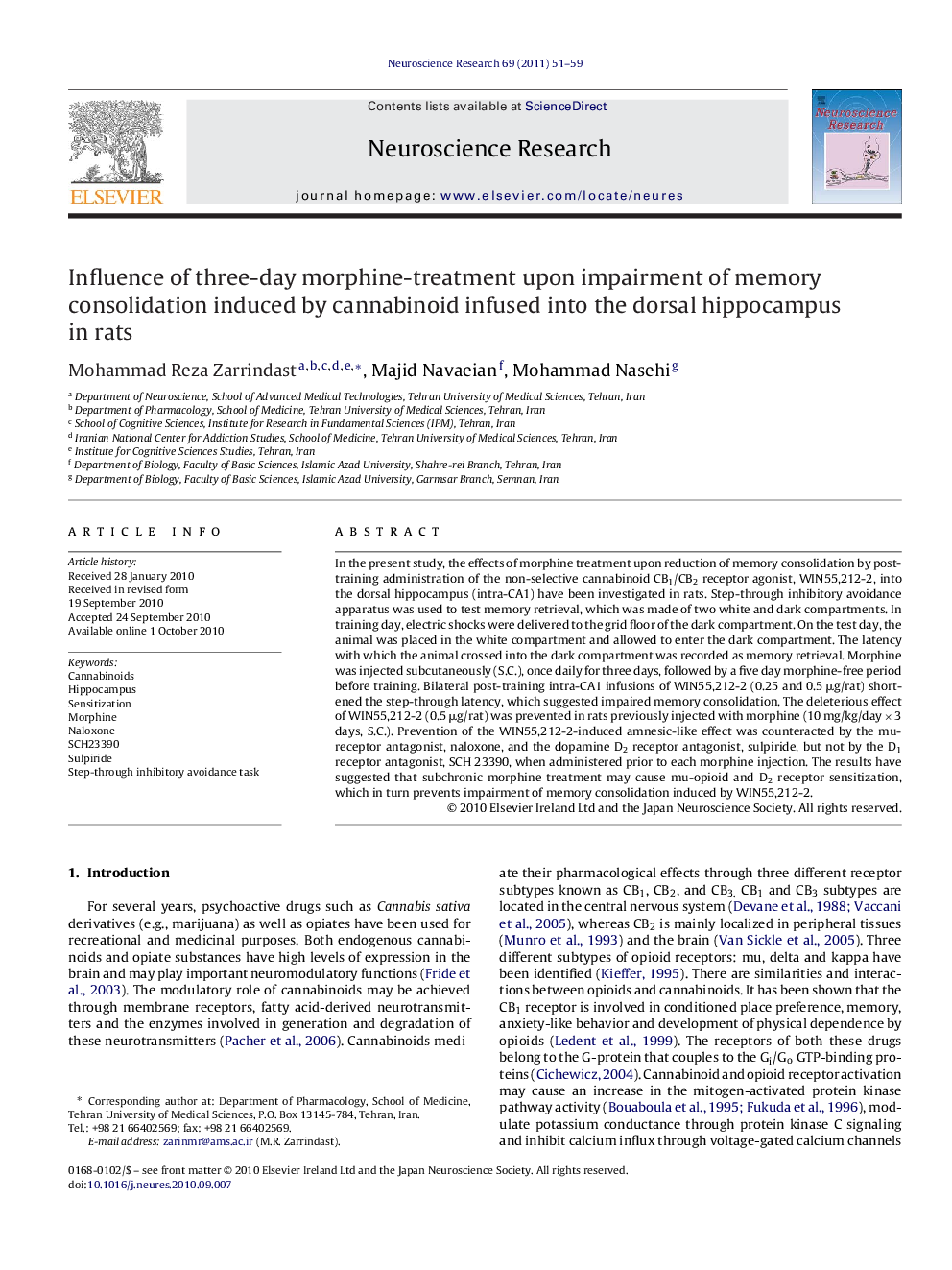 Influence of three-day morphine-treatment upon impairment of memory consolidation induced by cannabinoid infused into the dorsal hippocampus in rats