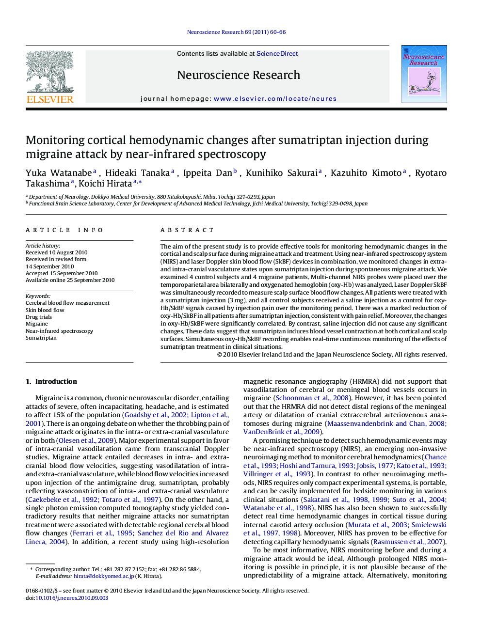 Monitoring cortical hemodynamic changes after sumatriptan injection during migraine attack by near-infrared spectroscopy