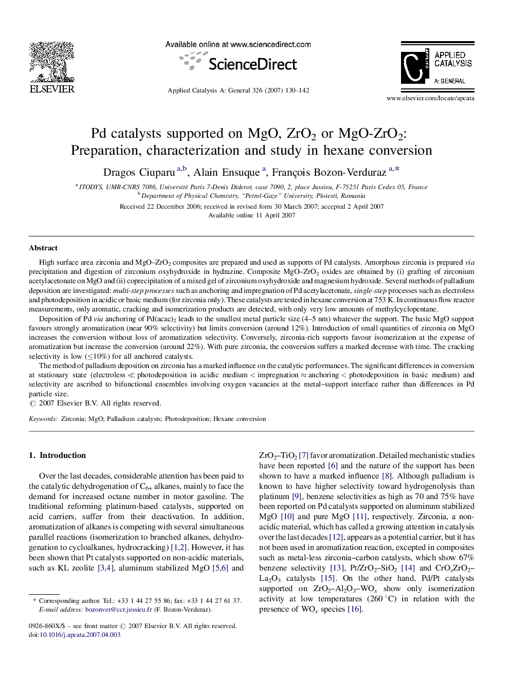 Pd catalysts supported on MgO, ZrO2 or MgO-ZrO2: Preparation, characterization and study in hexane conversion