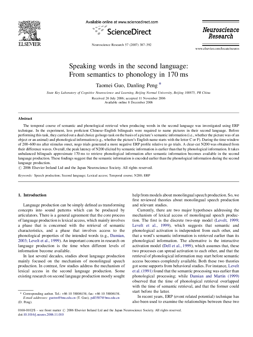 Speaking words in the second language: From semantics to phonology in 170 ms