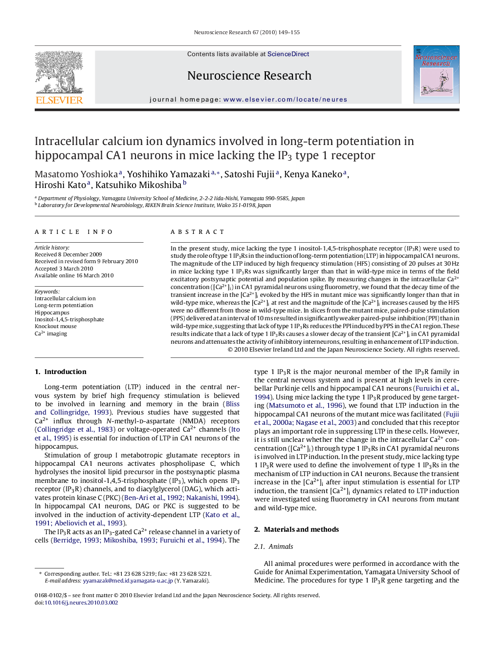 Intracellular calcium ion dynamics involved in long-term potentiation in hippocampal CA1 neurons in mice lacking the IP3 type 1 receptor