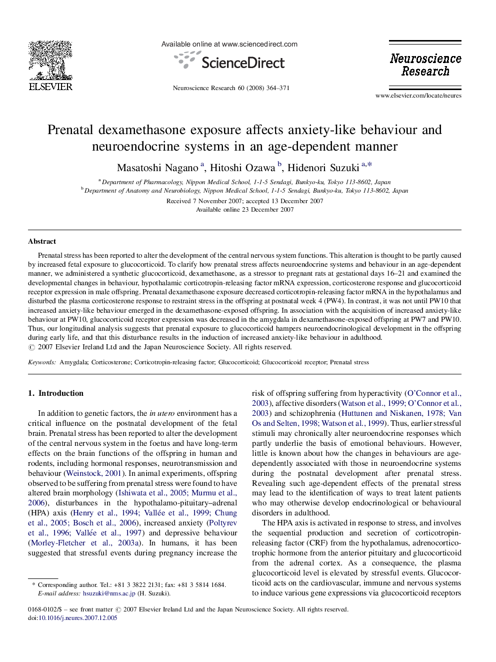 Prenatal dexamethasone exposure affects anxiety-like behaviour and neuroendocrine systems in an age-dependent manner