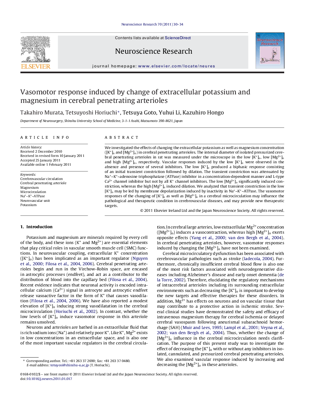 Vasomotor response induced by change of extracellular potassium and magnesium in cerebral penetrating arterioles