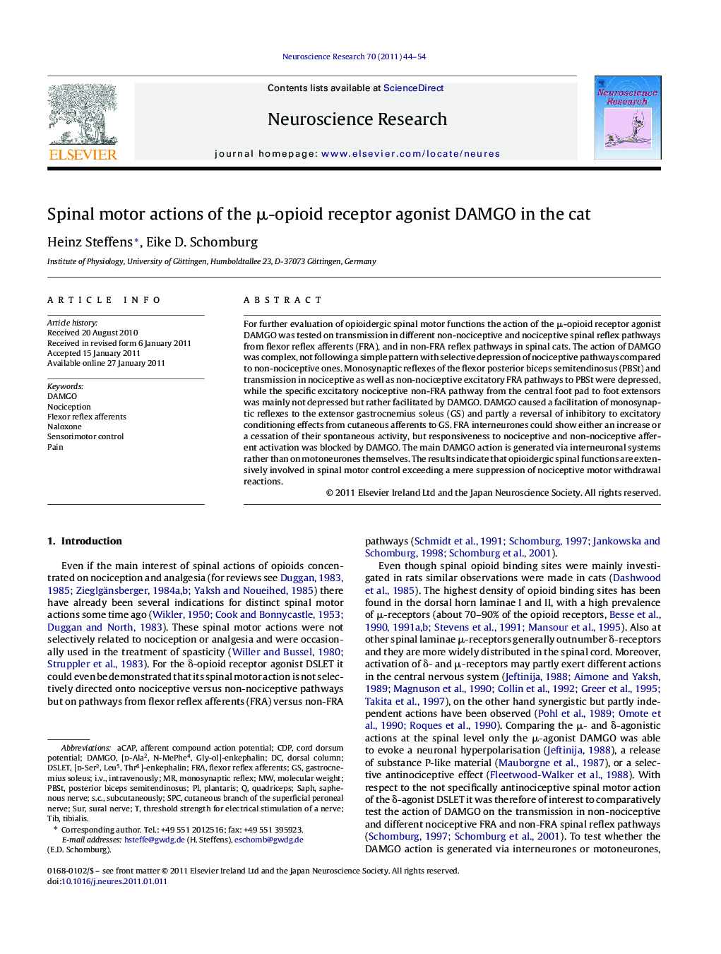 Spinal motor actions of the Î¼-opioid receptor agonist DAMGO in the cat