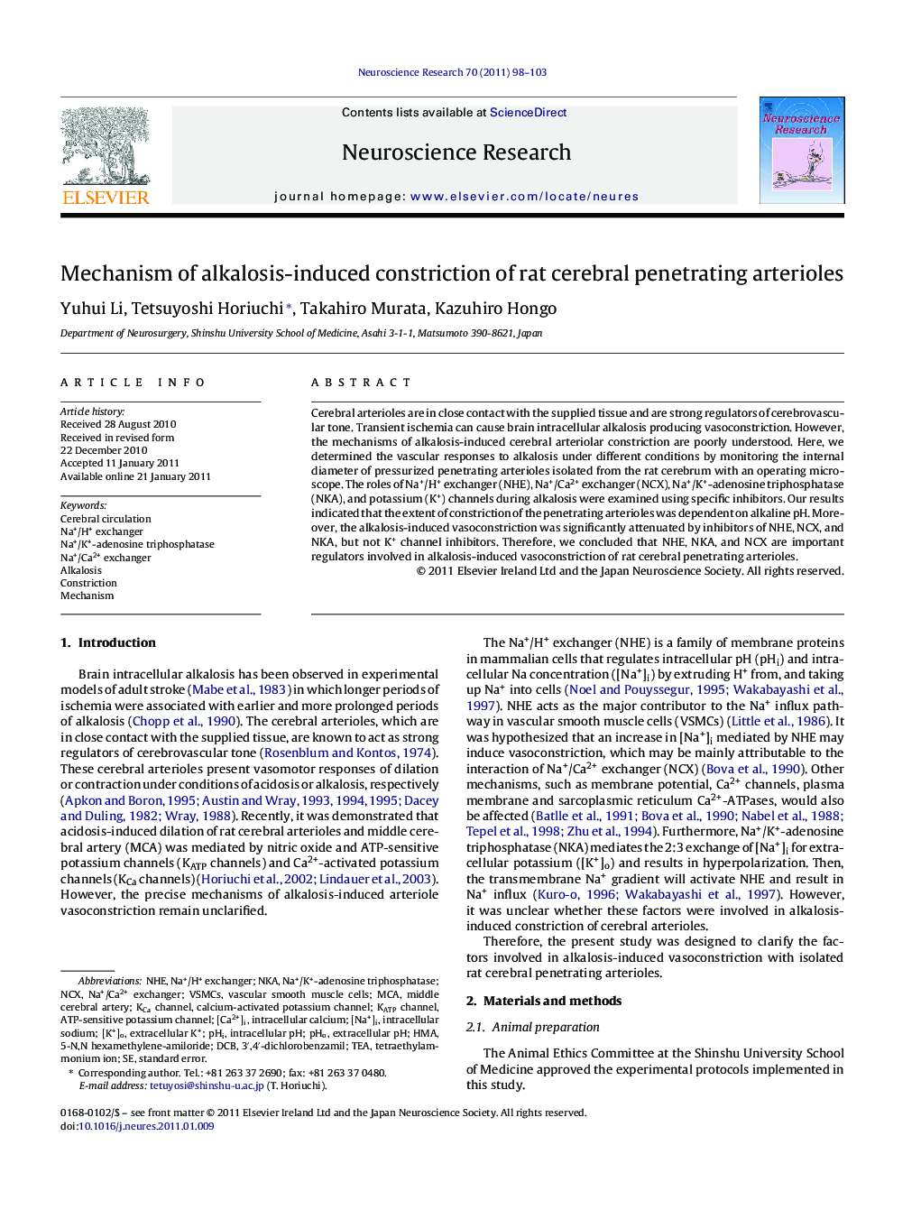 Mechanism of alkalosis-induced constriction of rat cerebral penetrating arterioles