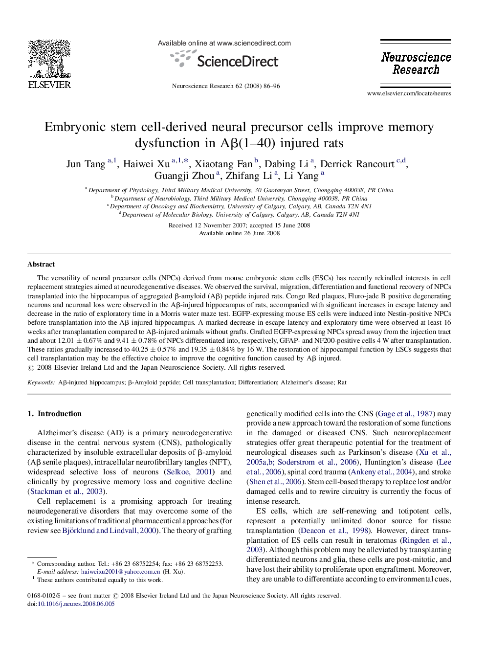 Embryonic stem cell-derived neural precursor cells improve memory dysfunction in AÎ²(1-40) injured rats