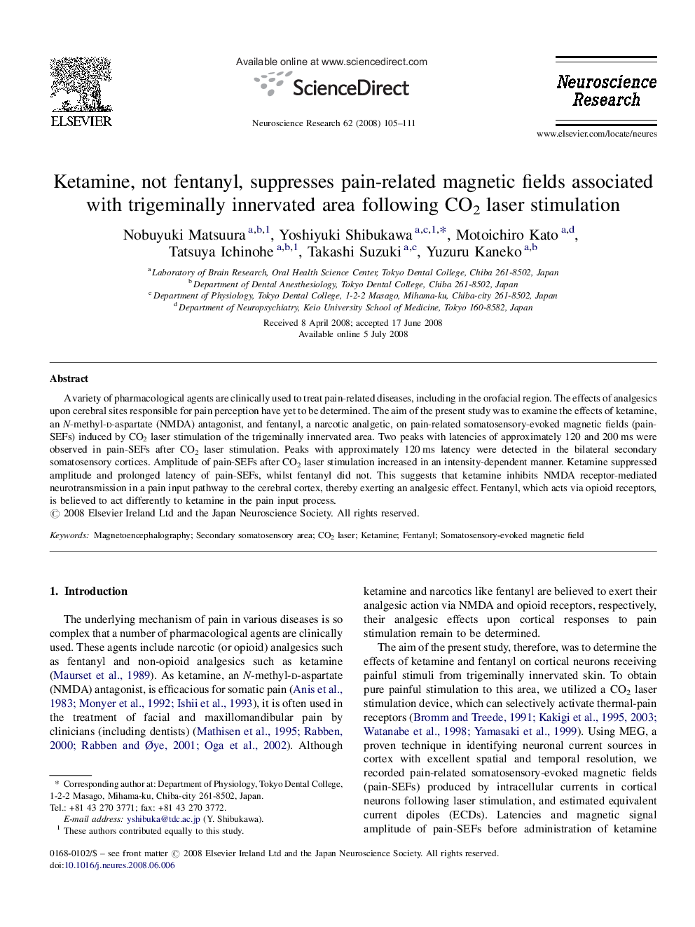 Ketamine, not fentanyl, suppresses pain-related magnetic fields associated with trigeminally innervated area following CO2 laser stimulation