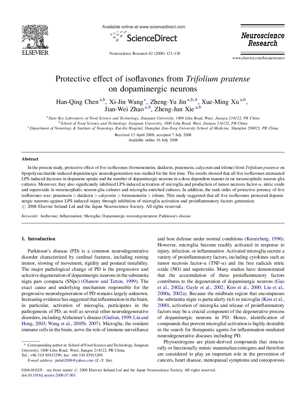 Protective effect of isoflavones from Trifolium pratense on dopaminergic neurons