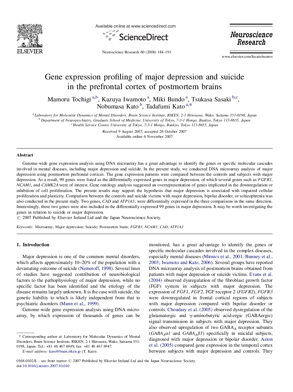 Gene expression profiling of major depression and suicide in the prefrontal cortex of postmortem brains