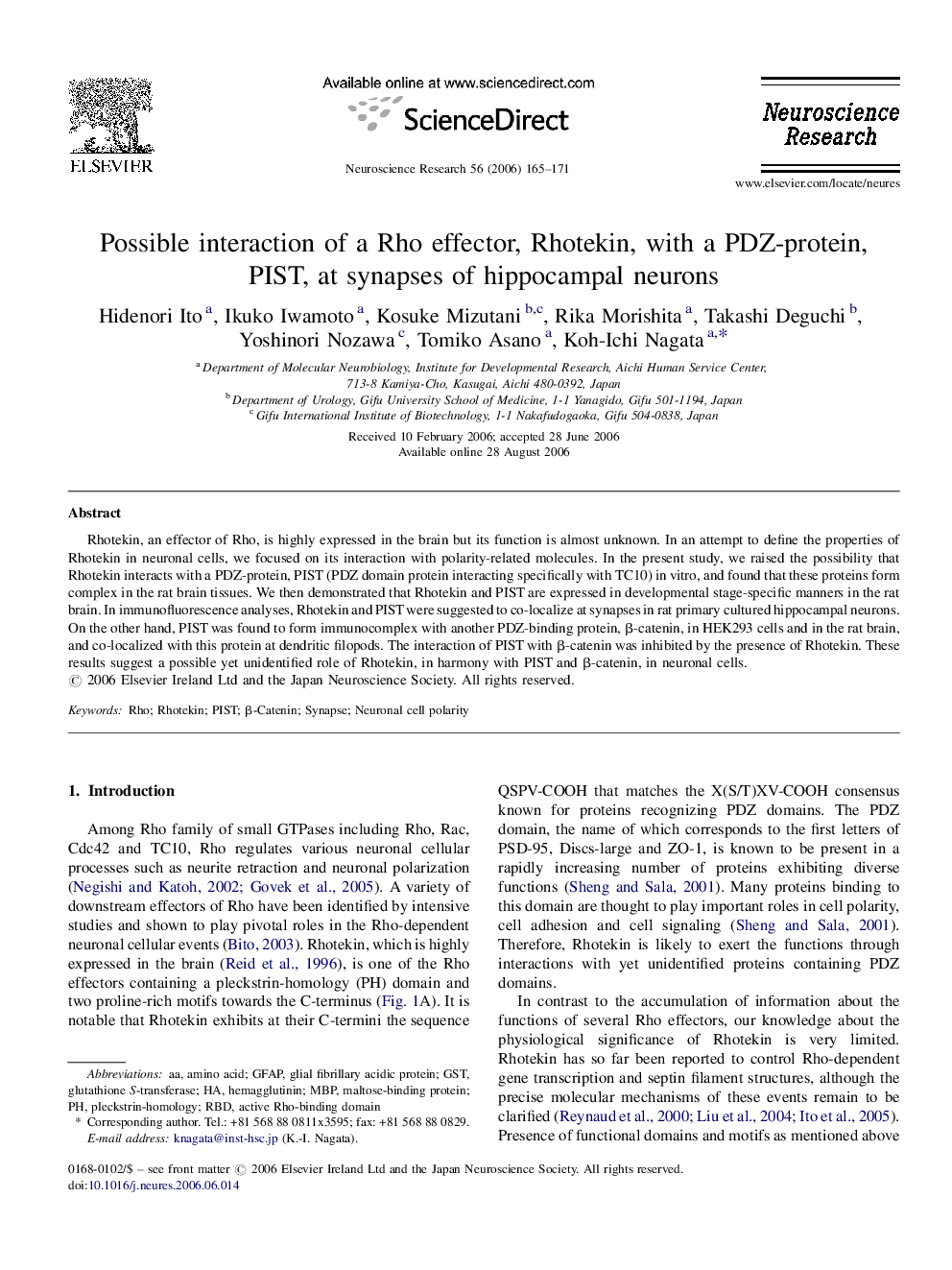 Possible interaction of a Rho effector, Rhotekin, with a PDZ-protein, PIST, at synapses of hippocampal neurons