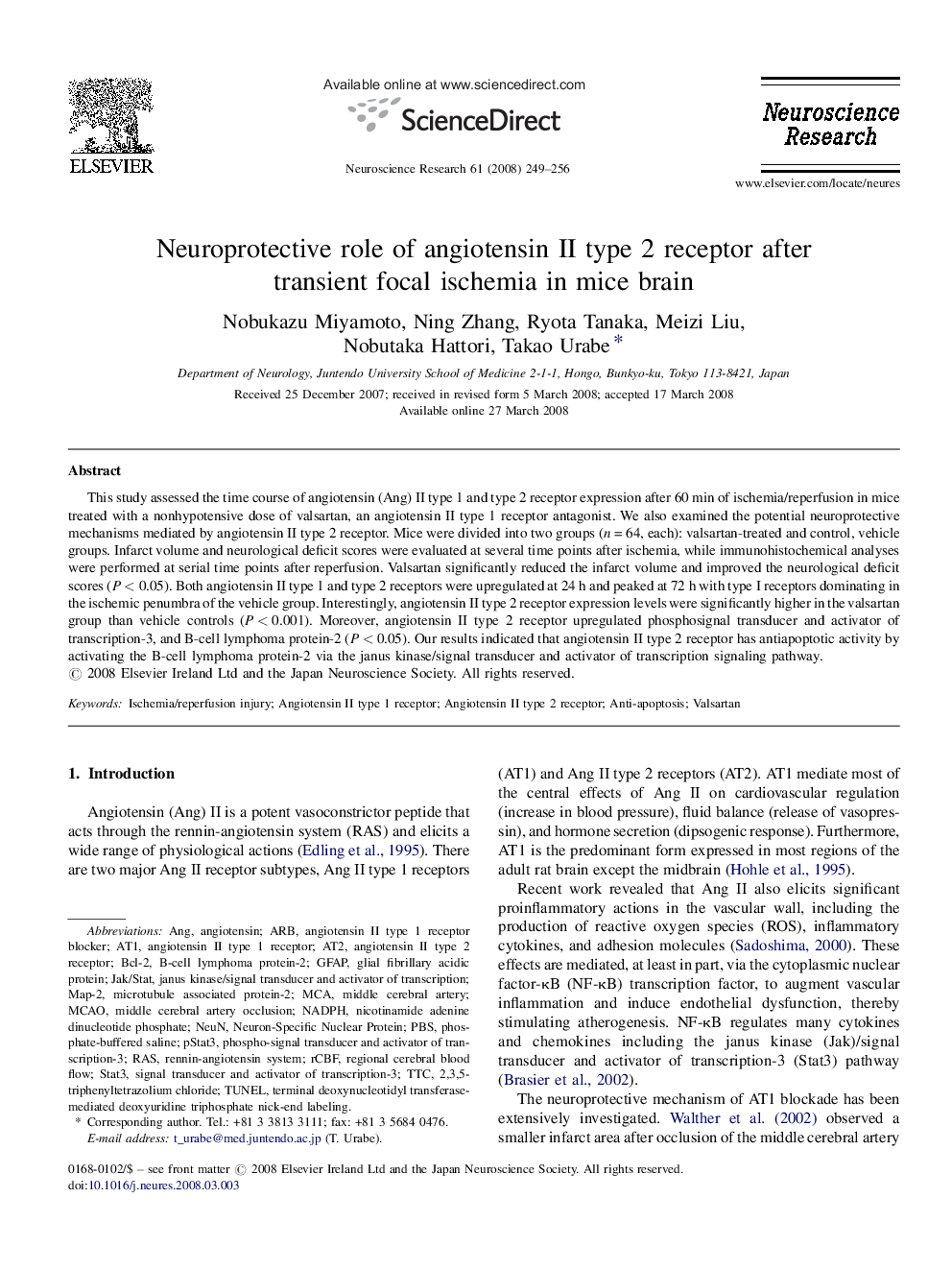 Neuroprotective role of angiotensin II type 2 receptor after transient focal ischemia in mice brain