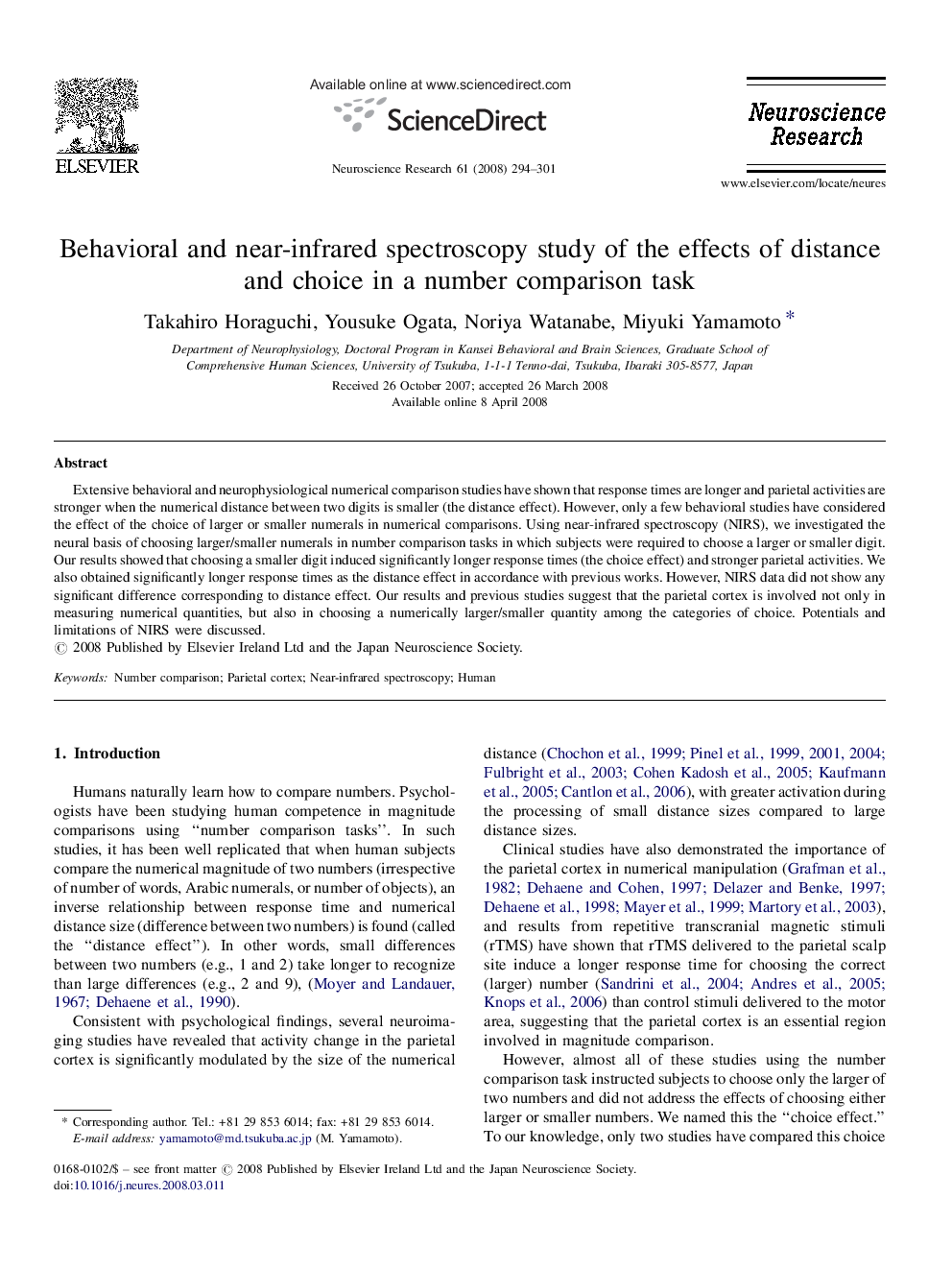 Behavioral and near-infrared spectroscopy study of the effects of distance and choice in a number comparison task