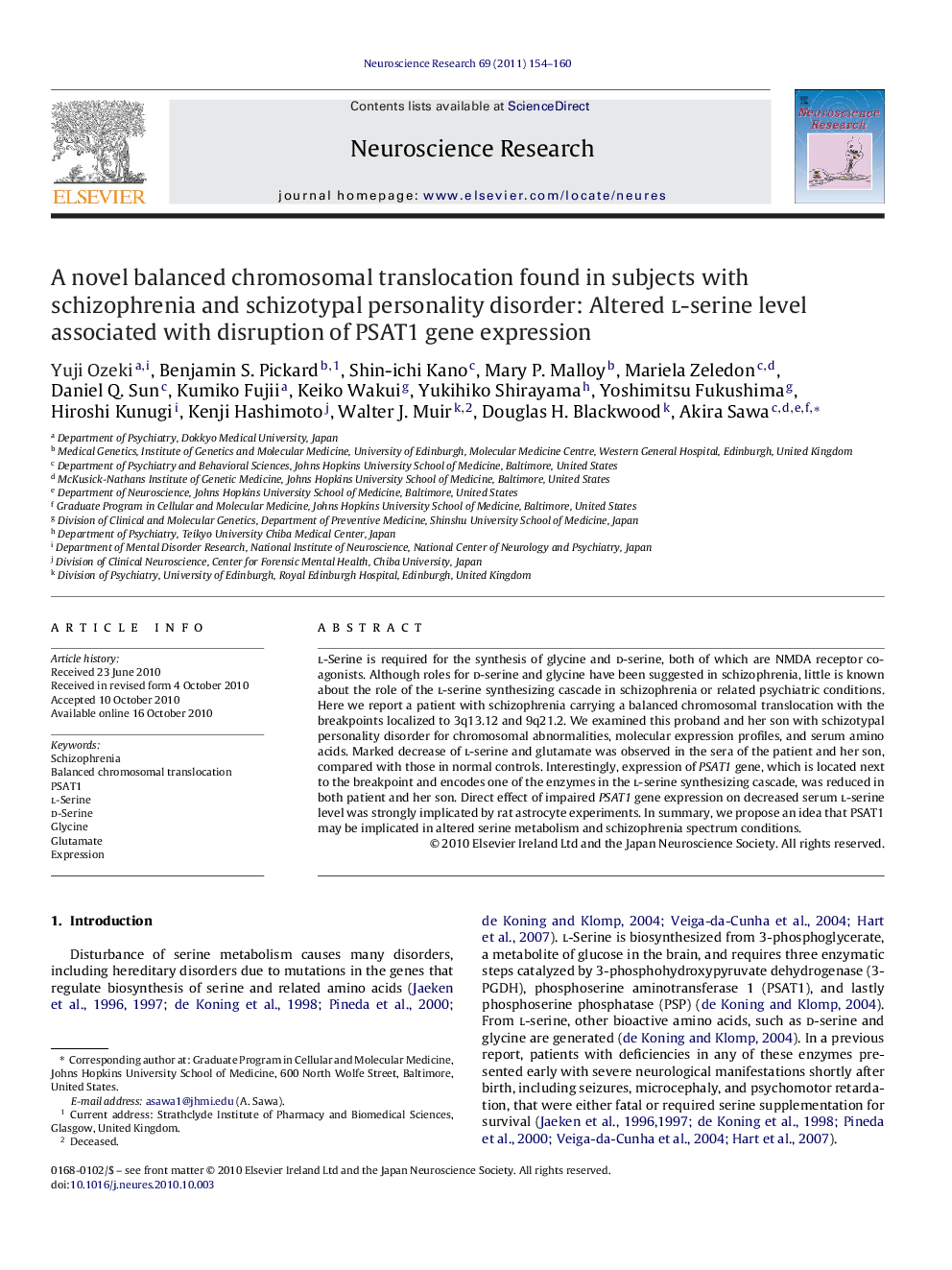 A novel balanced chromosomal translocation found in subjects with schizophrenia and schizotypal personality disorder: Altered l-serine level associated with disruption of PSAT1 gene expression