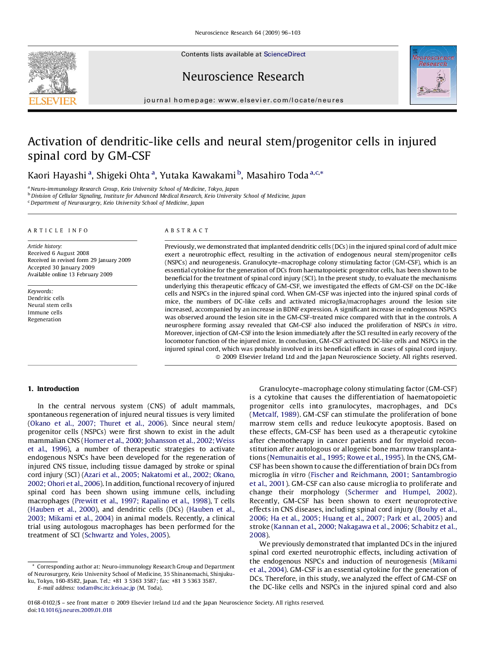 Activation of dendritic-like cells and neural stem/progenitor cells in injured spinal cord by GM-CSF