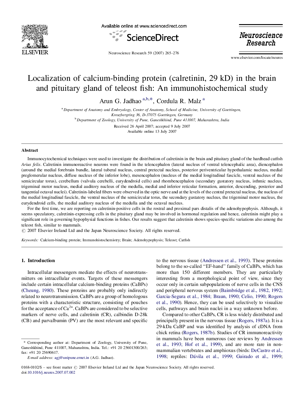 عکس صفحه اول مقاله: Localization of calcium-binding protein (calretinin, 29Â kD) in the brain and pituitary gland of teleost fish: An immunohistochemical study Localization of calcium-binding protein (calretinin, 29Â kD) in the brain and pituitary gland of teleost fish: An immunohistochemical study