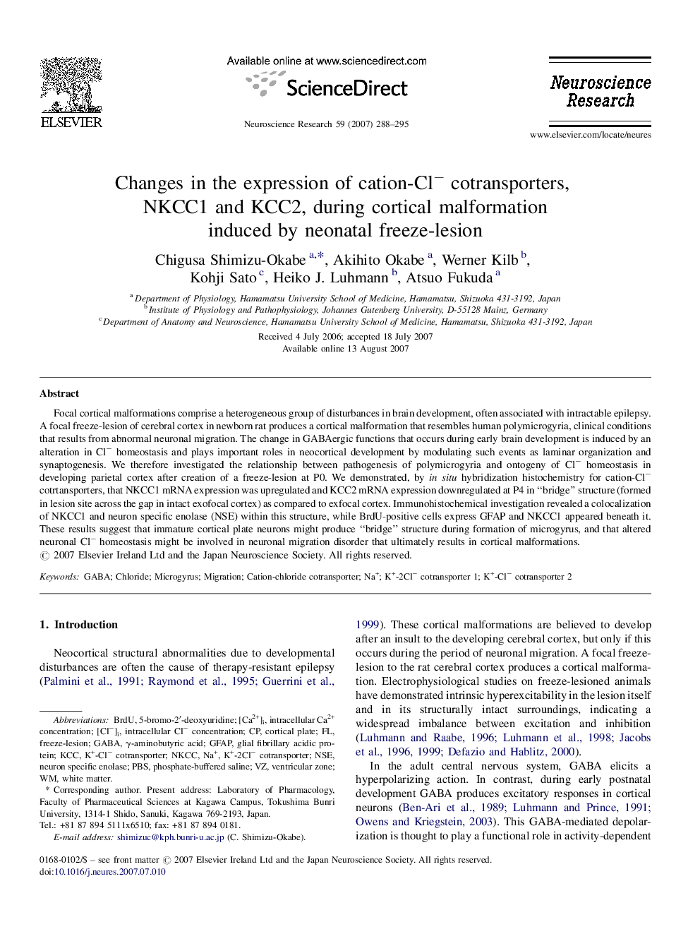 Changes in the expression of cation-Cl− cotransporters, NKCC1 and KCC2, during cortical malformation induced by neonatal freeze-lesion