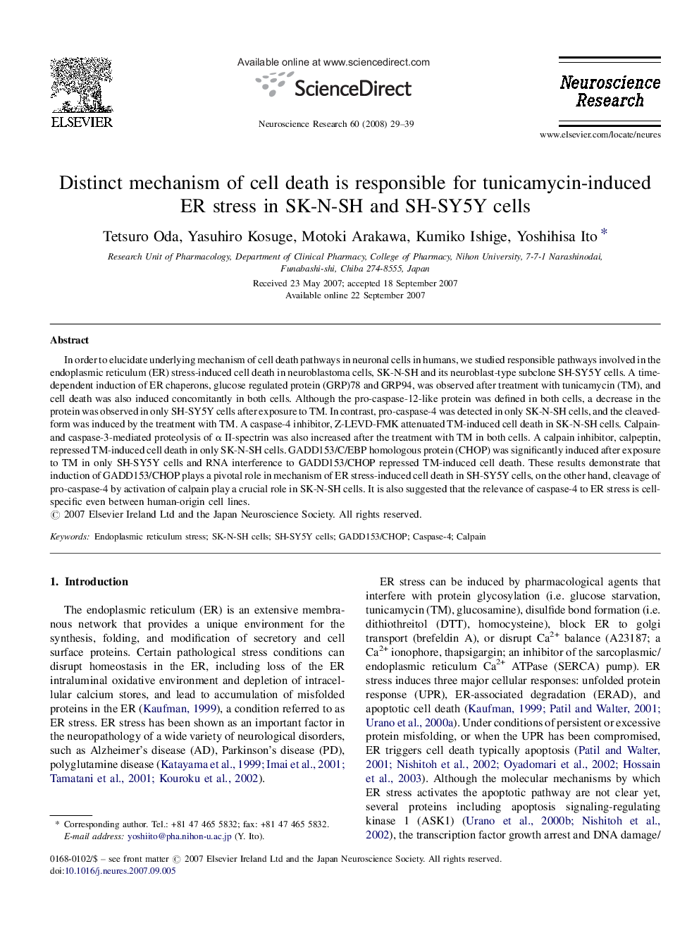 Distinct mechanism of cell death is responsible for tunicamycin-induced ER stress in SK-N-SH and SH-SY5Y cells