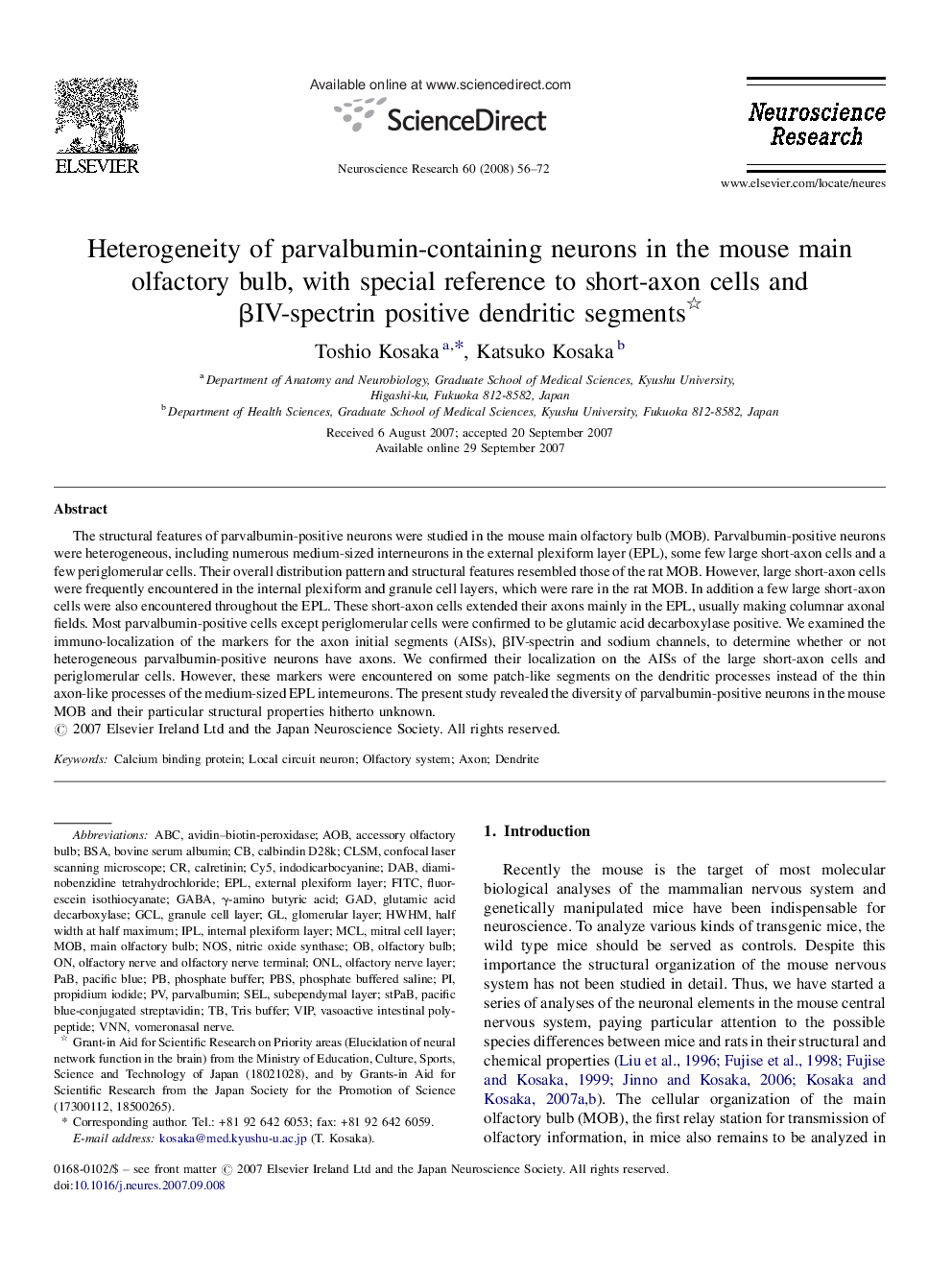 Heterogeneity of parvalbumin-containing neurons in the mouse main olfactory bulb, with special reference to short-axon cells and βIV-spectrin positive dendritic segments 